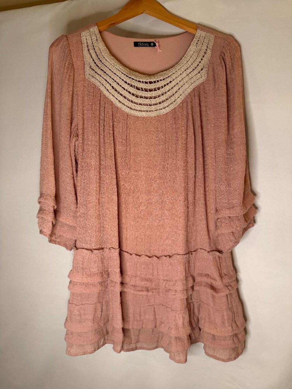 Adorn Mauve Crochet Neck Layered Ruffle Boho Tunic Top Size L